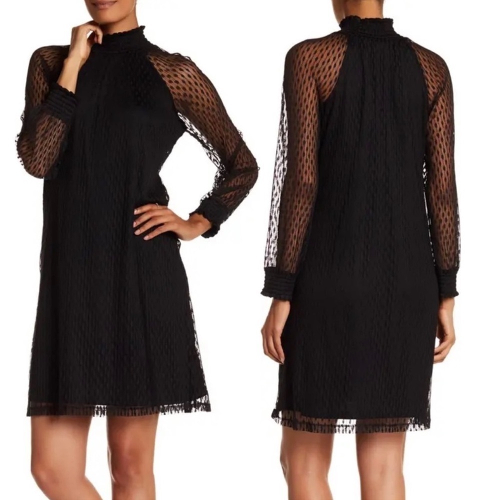 Nina Leonard Dot Shirred Long Sleeve Pullover Mock Neck Shift Dress Black 3X